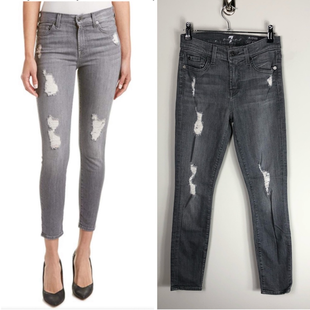 7 for all Mankind The Ankle Skinny High Rise Jeans Distressed Gray